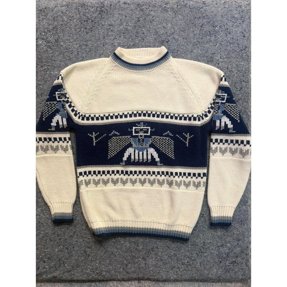 Vintage Silton California Robot Graphic Knit Sweater Cream Blue Gray